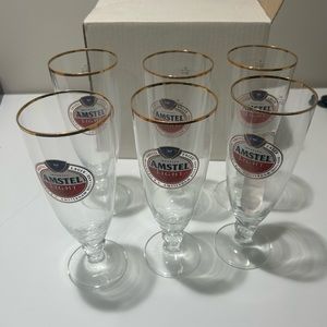 Brand New in Box Lot of 6–Amstel Light Stemmed Gold Trim Beer Glass 33CL